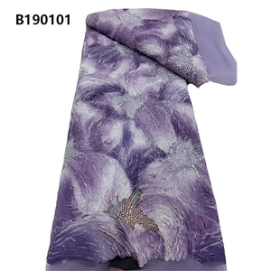 CHOCOO Nuovissimo Tessuto in Pizzo Nigeriano Stampato Viola <span class=keywords><strong>Ricamato</strong></span> con Perline e Paillettes 100% Poliestere Elastico - Product Image 1