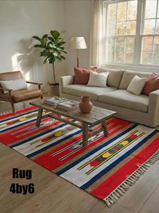 Tapis en coton à rayures tribales multicolores 4x6, tapis fait main avec pompons, tapis de sol bohème, décoration de salon - Product Image 2