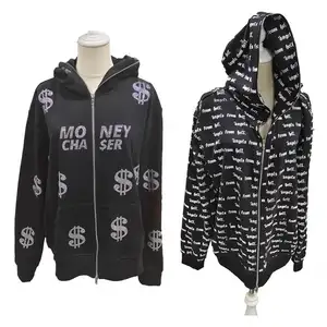Suéter de strass 3d com zíper, casaco bordado personalizado com estampa de puff, casaco completo para rosto com zíper