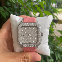 Montre de luxe sertie de diamants Moissanite, 40 mm, bracelet en cuir rose, verre saphir, montre mécanique automatique