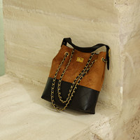Sac seau de luxe en daim PU patchwork pour femme, sac à bandoulière en chaîne à motif losanges, sac à main de style rétro pour femme