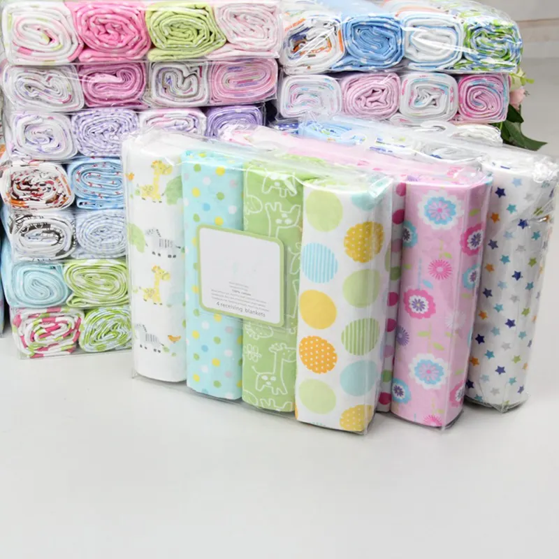 Wholesale Custom Cotton Printed Super soft 4PCS/PACK 100 Sheet Receiving Swaddle Cotton Flannel Baby Blanket