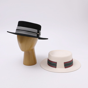 Premium Pure Wool Felt <strong>Hat</strong> Women British Retro Jacquard Band Flat Top Soft Tweed Autumn <strong>Winter</strong> European Fashion - Product Image 3