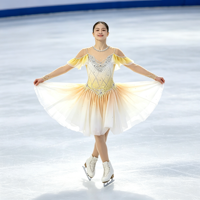 Robe de patinage artistique jaune dégradé avec strass, manches longues en maille, costume de compétition pour enfants et adultes