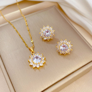 Women Sunflower Cubic Zirconia <b>Jewelry</b> Set Titanium <b>Steel</b> Gold Plated Flower Pendant Necklace Stud Earrings Party Wedding - Product Image 1