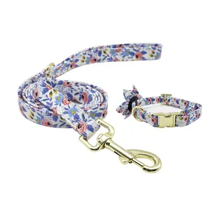 Custom Laser Logo Cotton Strap Floral Design Dog Collar and Leash Set with Gold Buckle