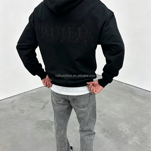 OEM Custom 3D Flat Patch Embroidery Heavyweight Hoodies Rhinestone Stich Print Hoodi Streetwear Cotton Oversized Hoodie For Men - Product Image 2