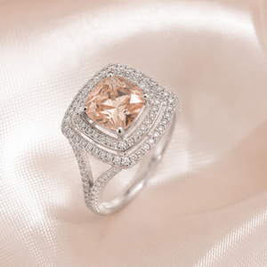 Anillo de Plata de Ley 925 con Morganita, Corte Cojín, Doble Halo, Elegante, con Gema Color Durazno, Joyería Fina de Compromiso para Mujer - Product Image 3