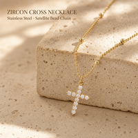 Collier en acier inoxydable plaqué or avec pendentif croix en zircon cubique et chaîne à billes de 3 mm, cadeau quotidien pour femme, vente en gros