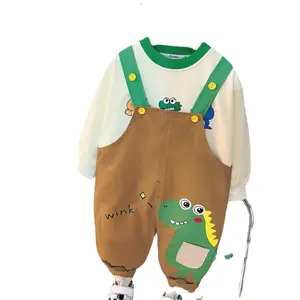 Детская футболка с длинным рукавом и принтом динозавров, с подтяжками, штаны, 2 шт., детская модная одежда, спортивный костюм для мальчиков, осень 2024