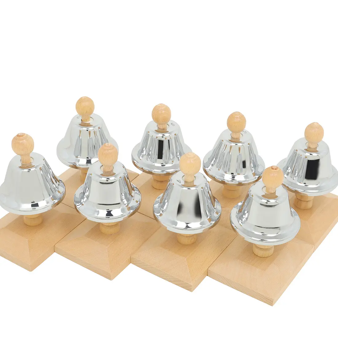 Olff high quality hot sale colour 8 note beech base children's play education toy suit press metal hand bell