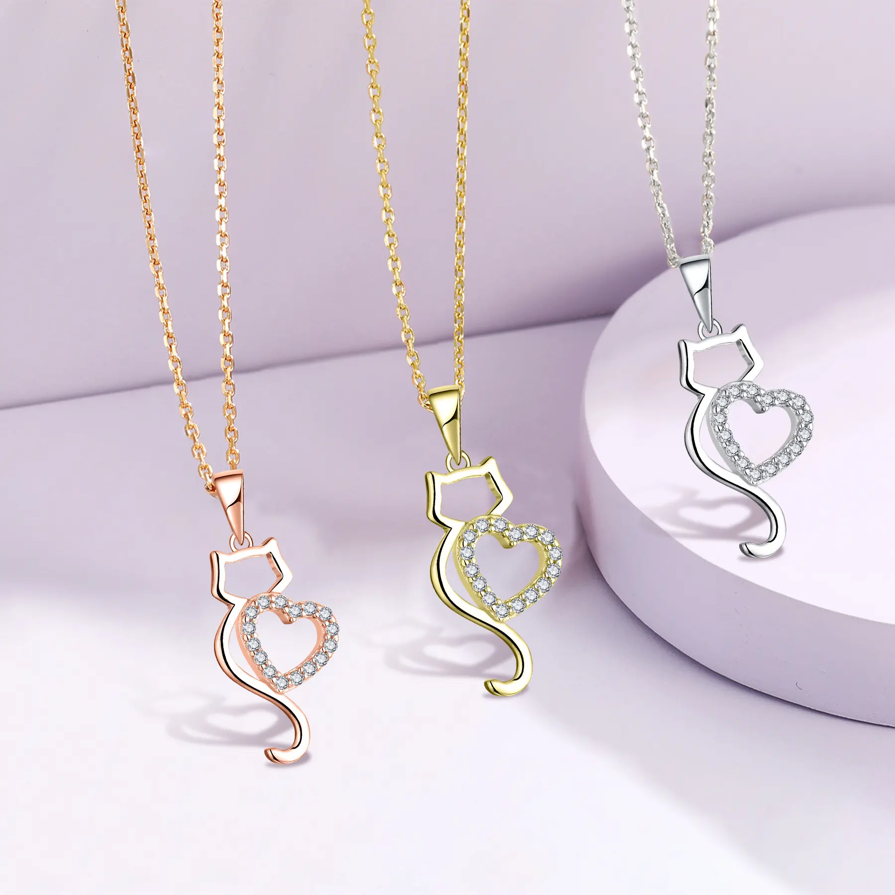 High Quality Love Initial Heart Themed Gift Iced Out 925 Sterling Silver Cat Necklace For Wome