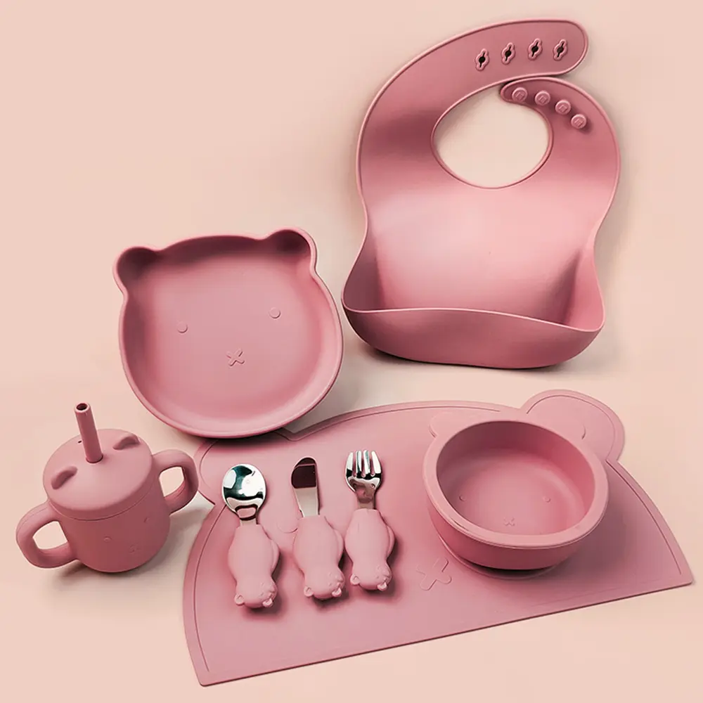 Baby Silicone Bib Feeding Set Baby Bowl Spoon Cup Alta qualidade Silicone Baby Bowl com colher