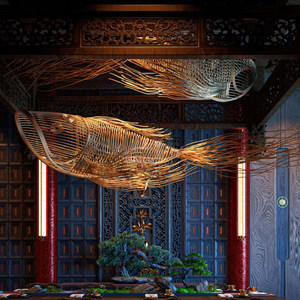 Lustre créatif en forme de poisson, ovale, à six têtes, source de lumière LED, pour salle à manger, décoration de la maison, lampe d'ambiance en rotin de style chinois - Product Image 2