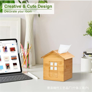 Boîte à mouchoirs en forme de maison en bambou, type rectangulaire sur pied, pour la maison, le bureau, boîte de rangement décorative - Product Image 3