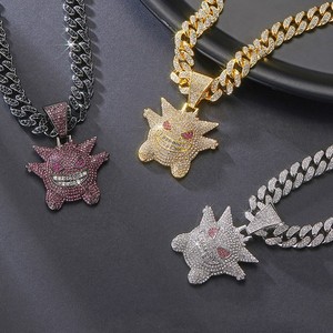 Collier pendentif Gengar Hip Hop Iced Out en alliage micro-pavé de zircon avec chaîne cubaine, bijoux anime en gros - Product Image 5
