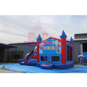 Château gonflable à thème Joyeux <span class=keywords><strong>Anniversaire</strong></span>, rouge et bleu, <span class=keywords><strong>avec</strong></span> toboggan, <span class=keywords><strong>pour</strong></span> les anniversaires d'enfants, <span class=keywords><strong>location</strong></span> commerciale - Product Image 2