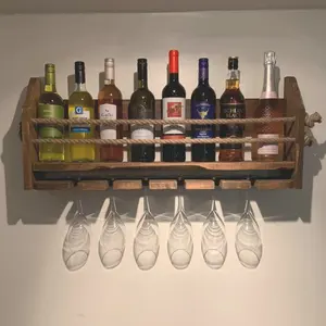 Rustic Wall Mounted Floating Wood Wine Storage Rack Display Shelf With Rope Bottle Stemware Glass Holder For Home Bar