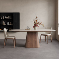 Noordse massief houten eettafel met travertijnblad, ovale eettafel, luxe eettafelset, aanpasbaar voor restaurants en kleine appartementen