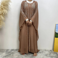 Robe Abaya Musulmane Femme Printemps-Été en Polyester et Mousseline, Col Rond, Manches Chauve-Souris, Anti-Plis, Perlée, Décontractée, Coupe Ample Maxi