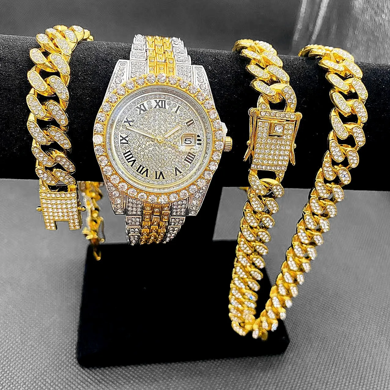 FREE SAMPLE New Fashion Men Cuban Hip Hop Style Wristwatches Bracelet Necklaces Set Male Gift Watch