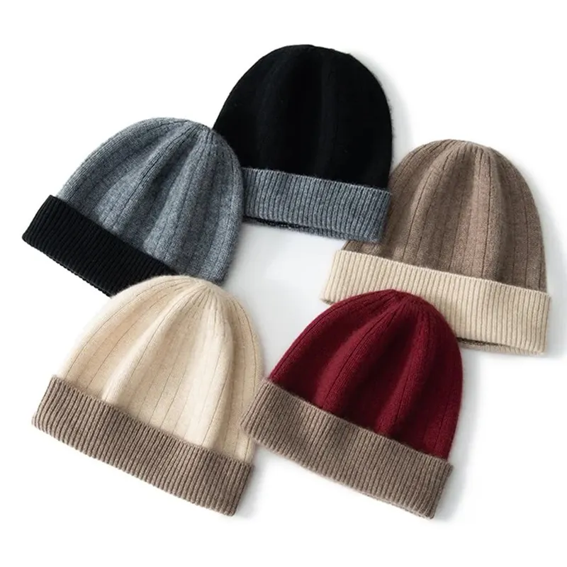 Custom logo wholesale unisex men women 100% pure cashmere knit beanie hat for winter