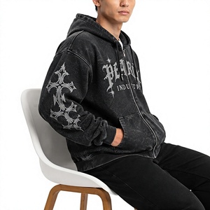 Vintage Washed <b>Zip</b> <b>up</b> Hoodie <b>Men</b> French Terry Casual Streetwear Solid Loose Long Winter Custom Logo - Product Image 4