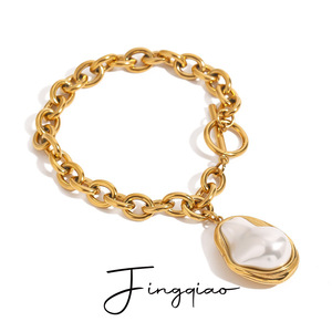 Pulsera de Cadena Chapada en Oro Yueli con Colgante de Perla Irregular, Unisex, para Uso Diario - Product Image 1