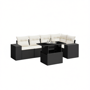 Conjunto de Sofá de Jardín de Ratán Negro con Cojines Crema, Muebles de Exterior de Diseño Contemporáneo, Resistentes al Agua y a los Rayos UV, Material PE - Product Image 1