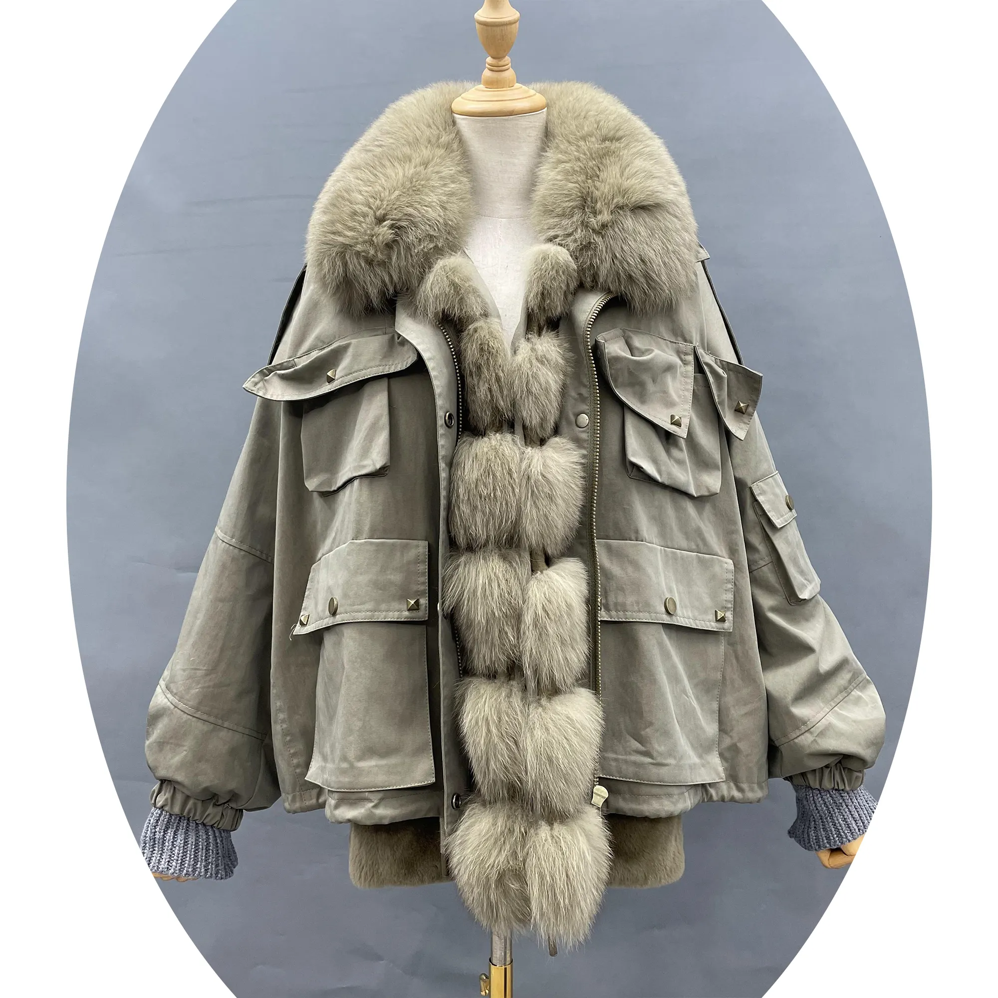 2023Good Price Women Real Fur Parka Winter Warm Genuine Rabbit Fur Lining Parka Fox Fur Collar Coats