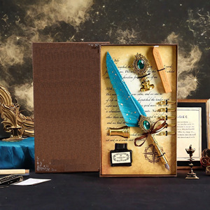 Vintage Blue Feather Gilded Ballpoint Pen 0.7mm Metal <b>Writing</b> Tool with Elegant Gift <b>Box</b> Bonvan - Product Image 2