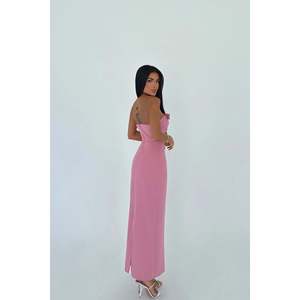 Robe de bal mi-longue rose poudré sans bretelles en satin de luxe taille XS pour occasions formelles, soirées, bals de promo, avec perles et paillettes - Product Image 1