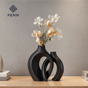 FENN Vaso Moderno Nordico in Ceramica, Ornamento Unico Artigianale, <span class=keywords><strong>Vasi</strong></span> per Fiori Secchi Idroponici, Vaso da Matrimonio in Ceramica Nera all'Ingrosso - Product Image 2