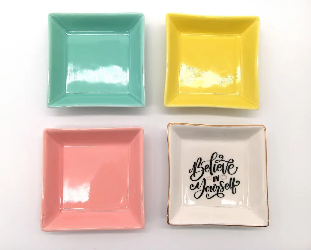 Hot Sale Custom Logo Printed Ceramic Ring Trinket Dish Colorful Square Jewelry Tray With Golden Edge