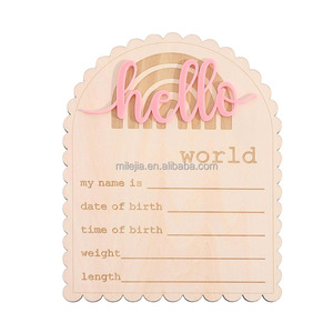 Bonjour monde bébé signe bois disque nom Plaque à la <span class=keywords><strong>main</strong></span> en bois carte d'annonce pour nouveau-né gravé annonce de naissance 'Hello - Product Image 3