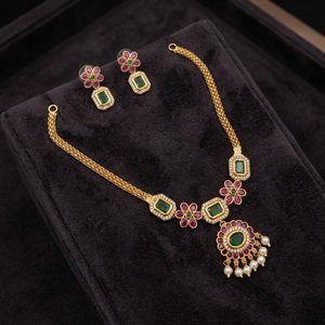 Indian Traditional Gold Plated American Diamond AD Necklace <b>Set</b> Emerald Green Octagon Stone & Ruby Pink Floral Pendant Chain Nec - Product Image 3