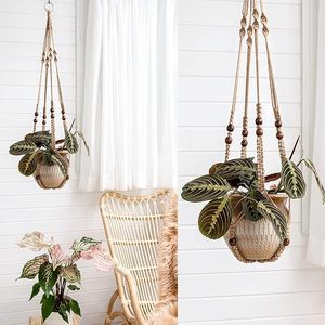 Lot de 2 supports pour plantes en corde de coton tressée à la main, style bohème rustique, pour jardinières de 3 à 12 pouces, avec crochets en <span class=keywords><strong>S</strong></span>, décoration bohème pour la maison (marron) - Product Image 1