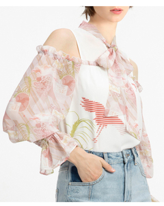 Épaules décontracté rose noeud volants à volants trompette manches en mousseline de soie chemisiers pour femmes tops - Product Image 5