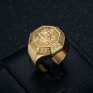 Men's Octagonal <b>Titanium</b> Steel <b>Ring</b> Golden With Woman Head Design Hip Hop Jewelry Gift - Product Image 2