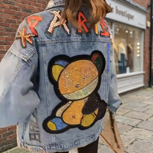 Washed Denim Trucker <b>Jacket</b> <b>Sequin</b> Bear Paris Applique Back Design Reversible Eco-Friendly Full Sleeve Women's Spring <b>Jacket</b> - Product Image 1