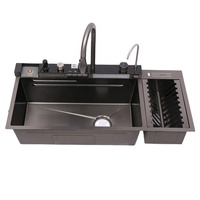 Slimme RVS spoelbak met honingraatstructuur, dubbele bak, digitaal display en watervalfunctie, inclusief afdruiprek