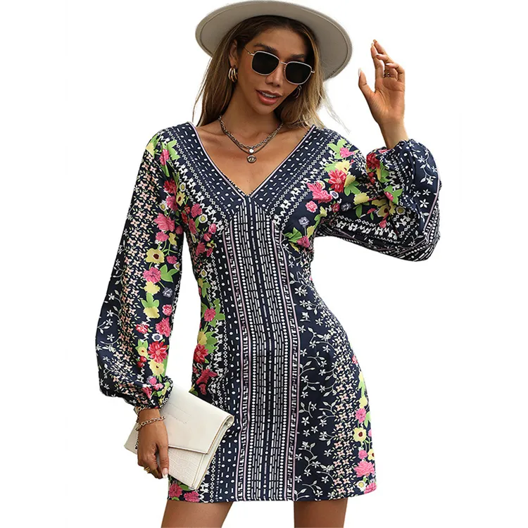 New Arrivals Woman Clothes Fashion Apparel Elegant Floral Ethnic Print Casual Dresses V-Neck Long Sleeves Dress