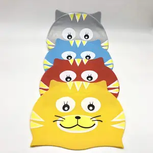 Topi renang kartun lucu anak laki-laki dan perempuan, topi renang motif kucing bercahaya dengan lampu
