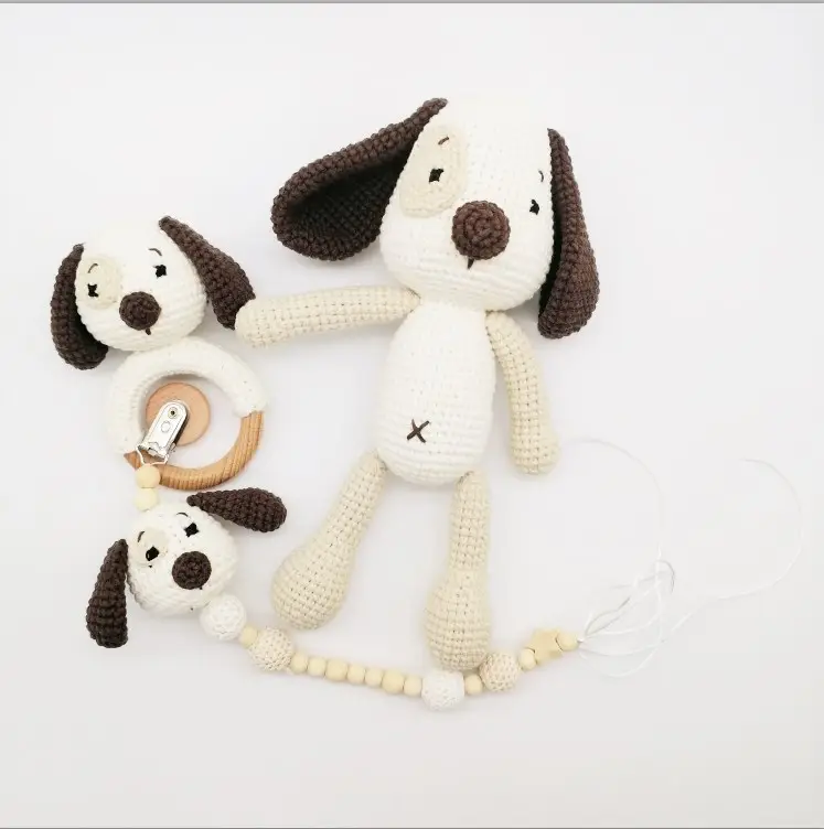 卸売カスタマイズ綿100% 糸手作り木製リングティーザーおもちゃ赤ちゃんかぎ針編み犬ガラガラ