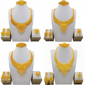 Ethnic Gold Plated Jewelry Set Necklace Earrings Ring Bracelet <b>Wedding</b> Women's 22k Plated Floral Design Party Bridal <b>Accessories</b> - Product Image 1