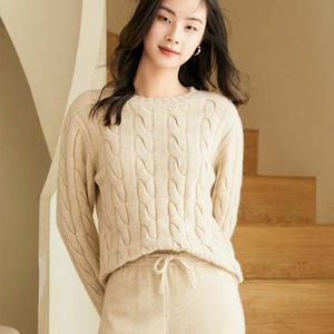 Imfield pronto per la spedizione elegante <span class=keywords><strong>donna</strong></span> girocollo grande treccia cavo a coste <span class=keywords><strong>maglione</strong></span> di Cashmere corto - Product Image 1