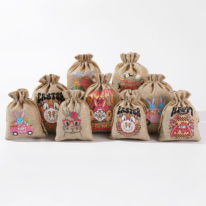 Nueva Bolsa de Regalo de Yute Reciclable y Personalizable con Diseño de Conejito de Pascua y Cierre de Cordón para Huevos de Pascua - Product Image 1