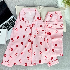 Pijamas de Mujer para Primavera y Otoño, de Algodón Suave, Cintura Elástica, Manga Larga, Pantalones Largos, Conjunto Sexy con Estampado de Labios, Holgado e Informal para Dormir - Product Image 3