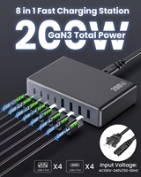 Station de charge de bureau GaN 200W 8 en 1 PD 3.0 QC Charge rapide multi-ports Adaptateur de voyage pour ordinateur portable et téléphone Prise EU US