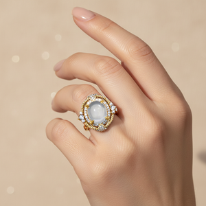 Natural white <b>crystal</b> ladies' copper-plated rhodium-inlaid <b>ring</b> with oval-shaped band and claw-set classic design - Product Image 4